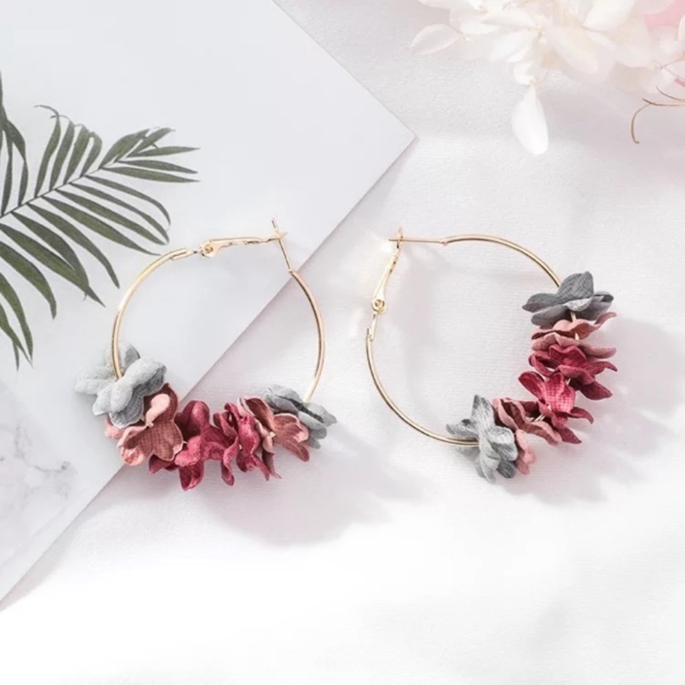 Fabric Flower Cloth Hoop Earrings (1 pair) - Picture 6 of 11